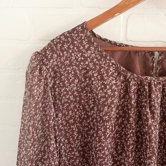 Dex Mini Dress Fall Floral Print Sheer Long sleeve Smocked waist Brown Sz 3X - Picture 5 of 16